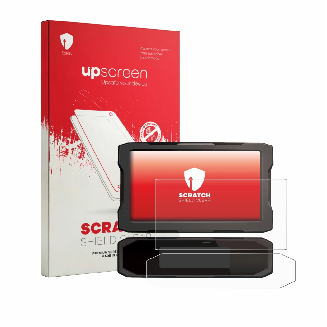 Face avant d’un emballage produit avec le logo de la marque upscreen. À côté, l’appareil Honda NT 1100 2025 est représenté ave
