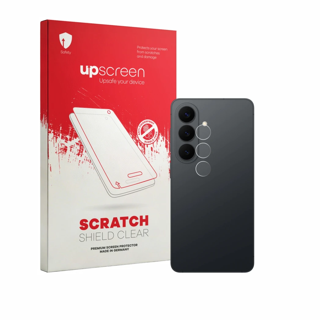 Face avant d’un emballage produit avec le logo de la marque upscreen. À côté, l’appareil Samsung Galaxy S26 Enterprise Edition