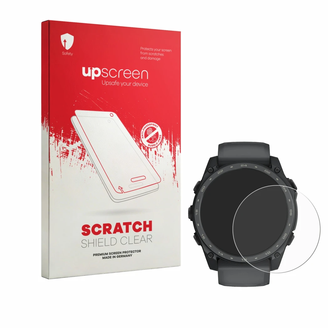 Face avant d’un emballage produit avec le logo de la marque upscreen. À côté, l’appareil Garmin Tactix 8 Amoled Cerakote (51 m