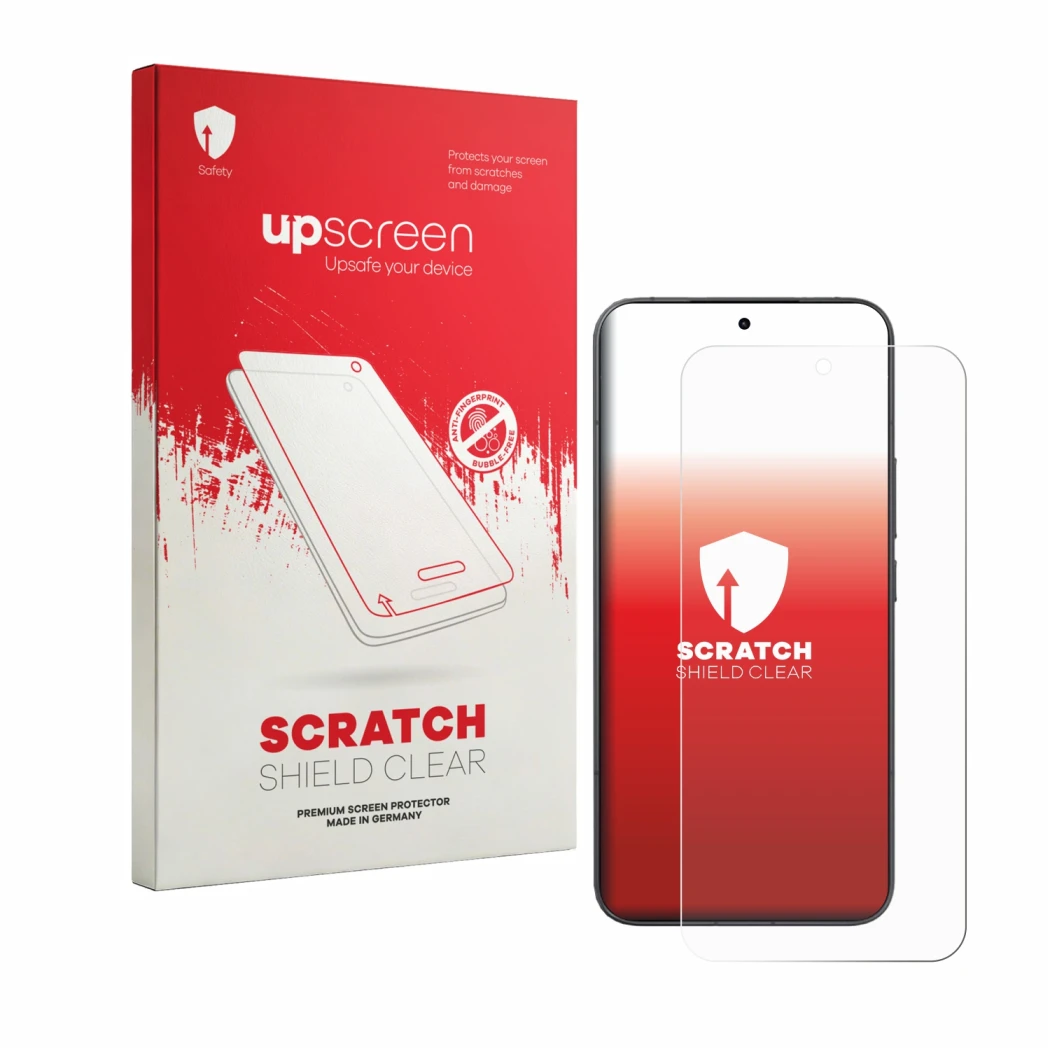 Face avant d’un emballage produit avec le logo de la marque upscreen. À côté, l’appareil Xiaomi 17T Pro est représenté avec la