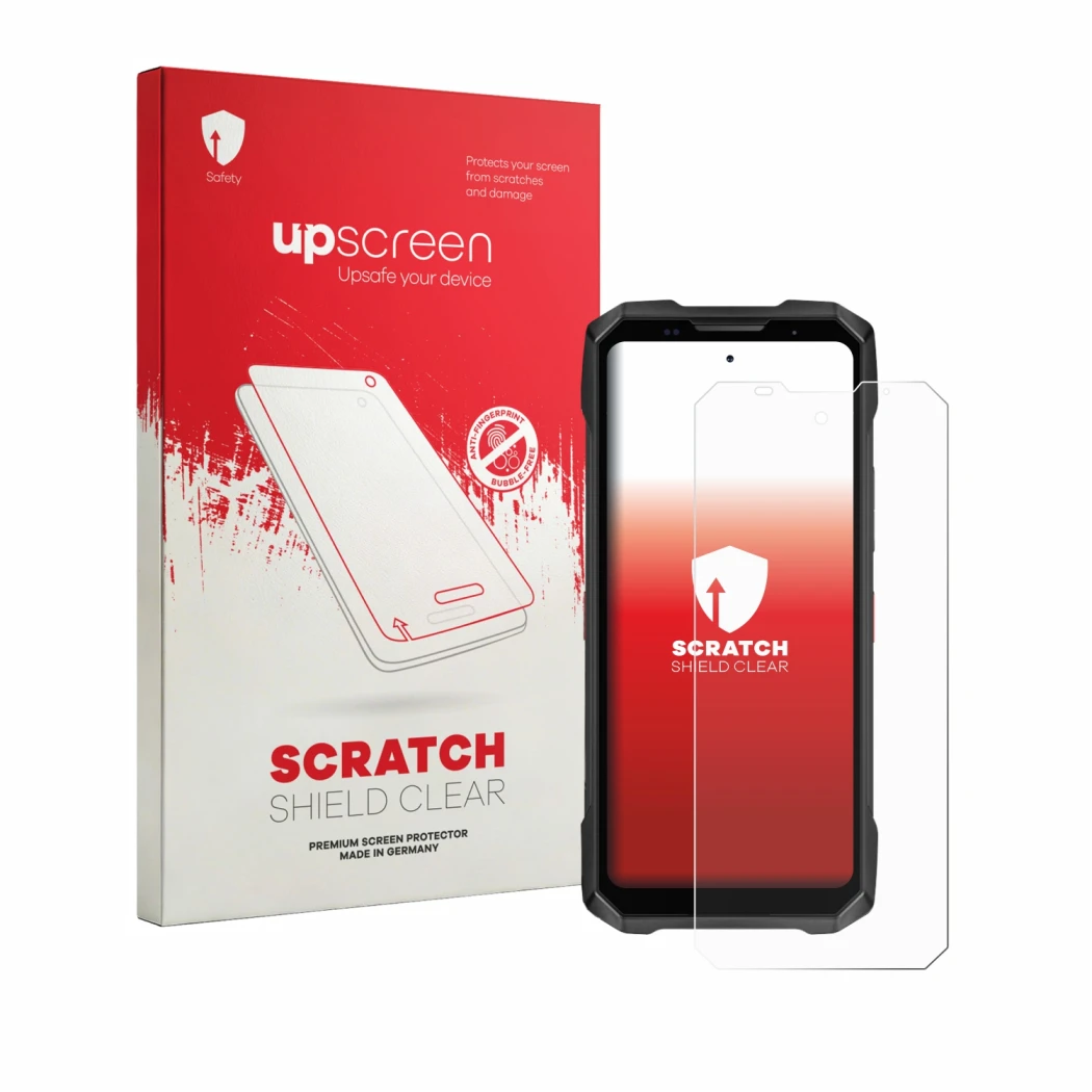 Face avant d’un emballage produit avec le logo de la marque upscreen. À côté, l’appareil Doogee V Max 2 Pro est représenté ave