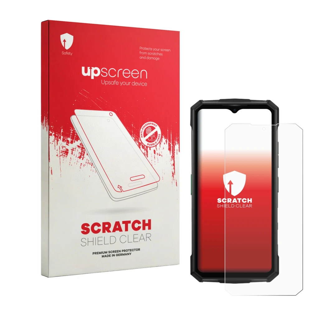 Face avant d’un emballage produit avec le logo de la marque upscreen. À côté, l’appareil Doogee Fire 7 Pro est représenté avec