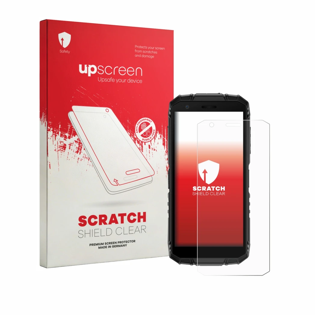 Face avant d’un emballage produit avec le logo de la marque upscreen. À côté, l’appareil Doogee Fire 3 est représenté avec la