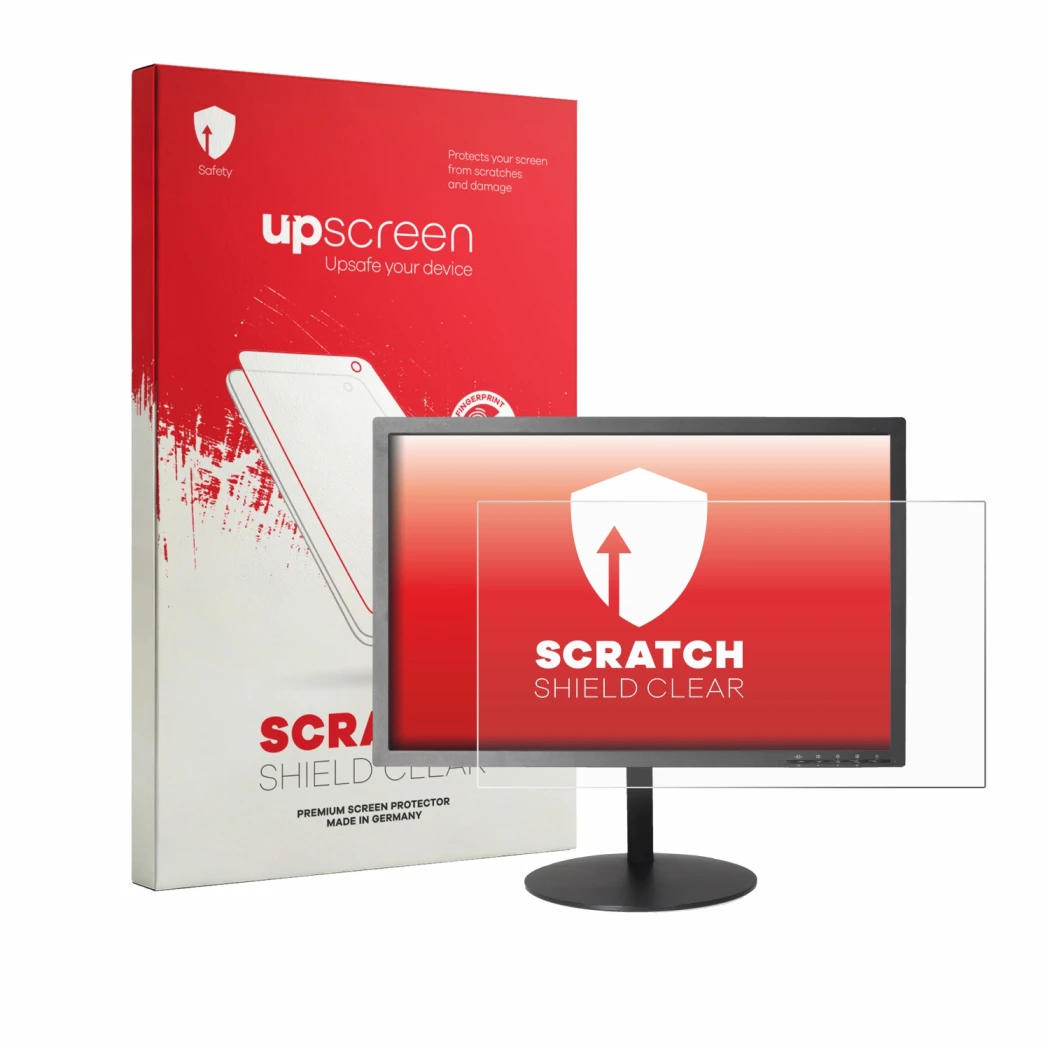 Face avant d’un emballage produit avec le logo de la marque upscreen. À côté, l’appareil Lenovo ThinkVision T2454p est représe