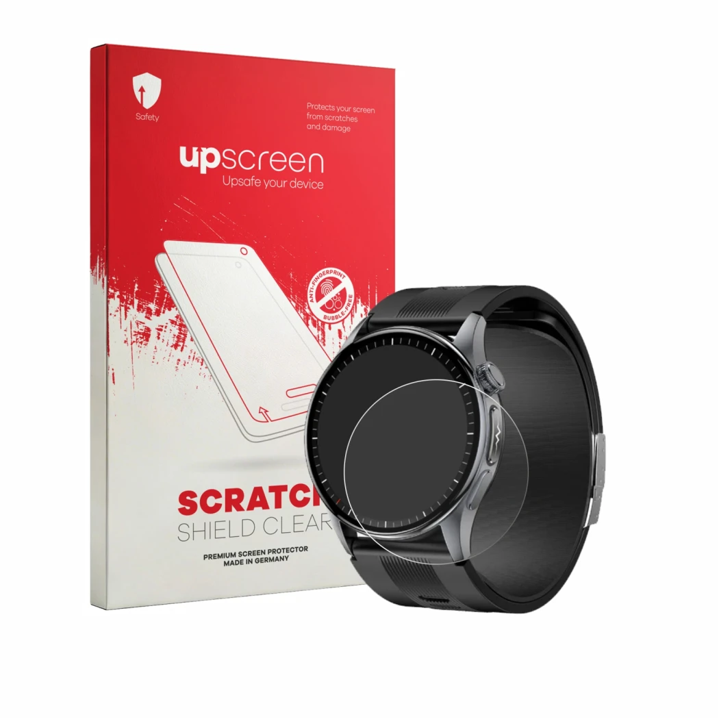 Face avant d’un emballage produit avec le logo de la marque upscreen. À côté, l’appareil Knauermann Pro 4 AIR (rond) est repré