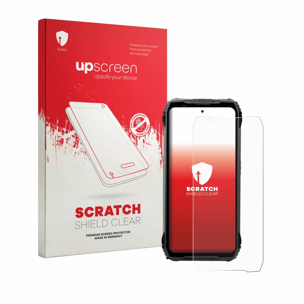 Face avant d’un emballage produit avec le logo de la marque upscreen. À côté, l’appareil Blackview Fort 200 est représenté ave