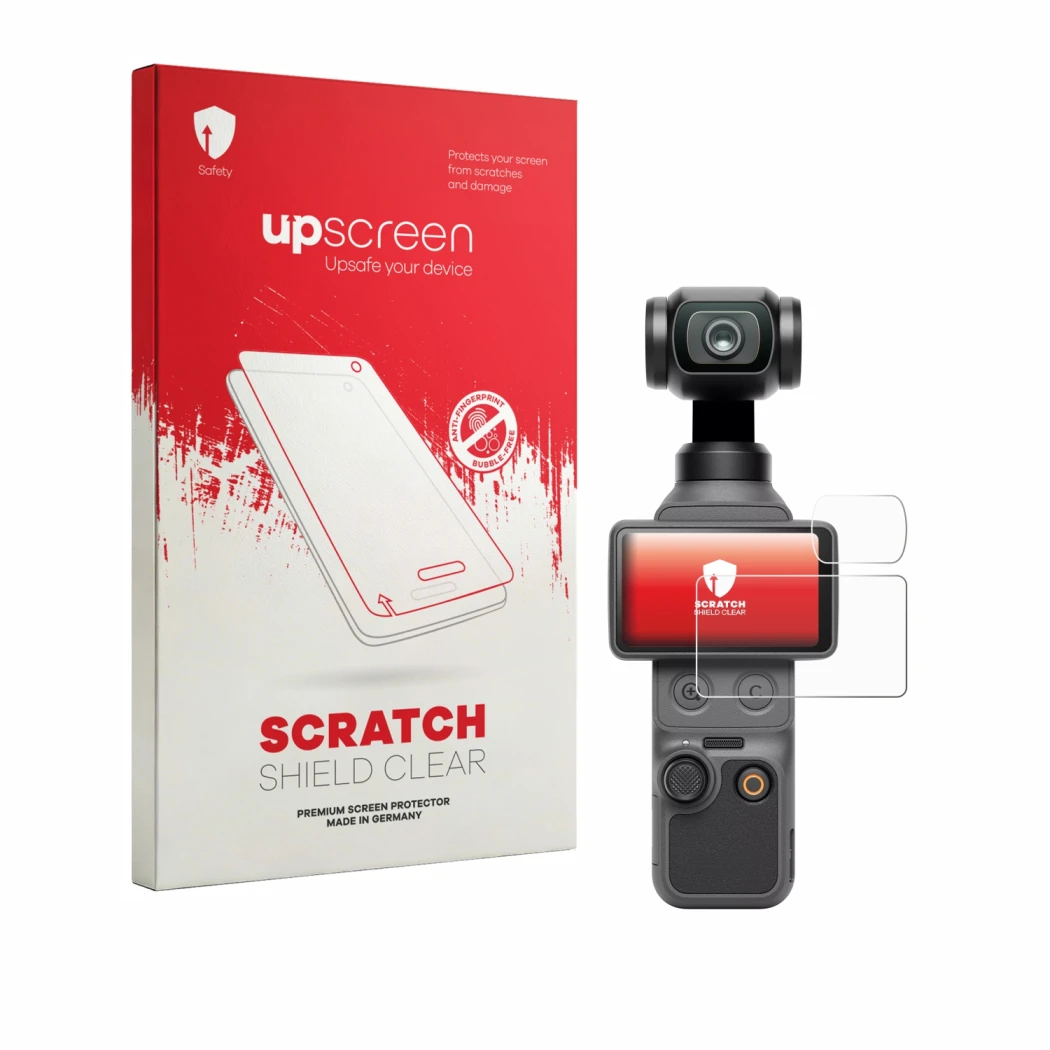 Face avant d’un emballage produit avec le logo de la marque upscreen. À côté, l’appareil DJI Osmo Pocket 4 (Affichage + Lentil
