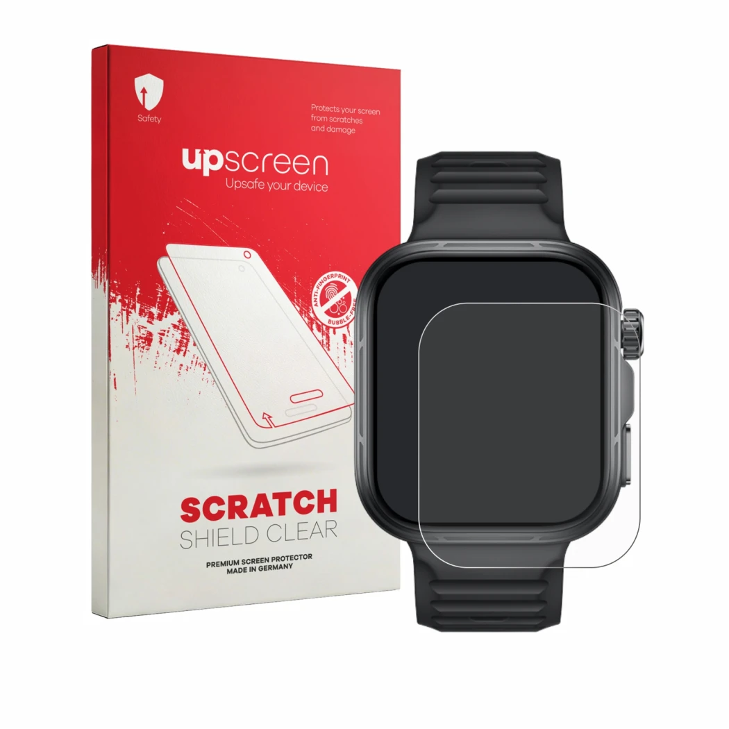 Face avant d’un emballage produit avec le logo de la marque upscreen. À côté, l’appareil Huawei Watch Fit 5 Pro est représenté