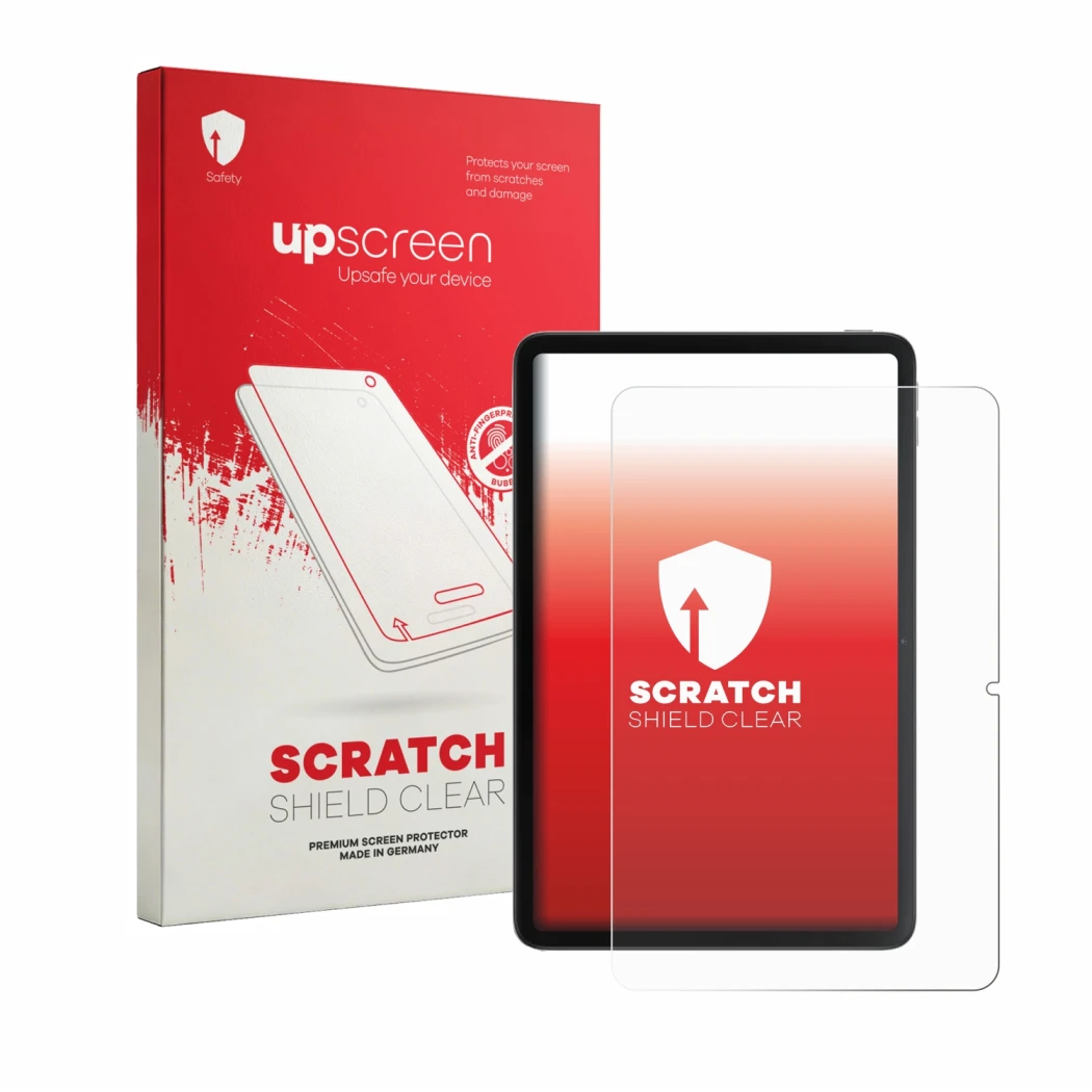 Face avant d’un emballage produit avec le logo de la marque upscreen. À côté, l’appareil Xiaomi Redmi Pad 2 9.7 est représenté