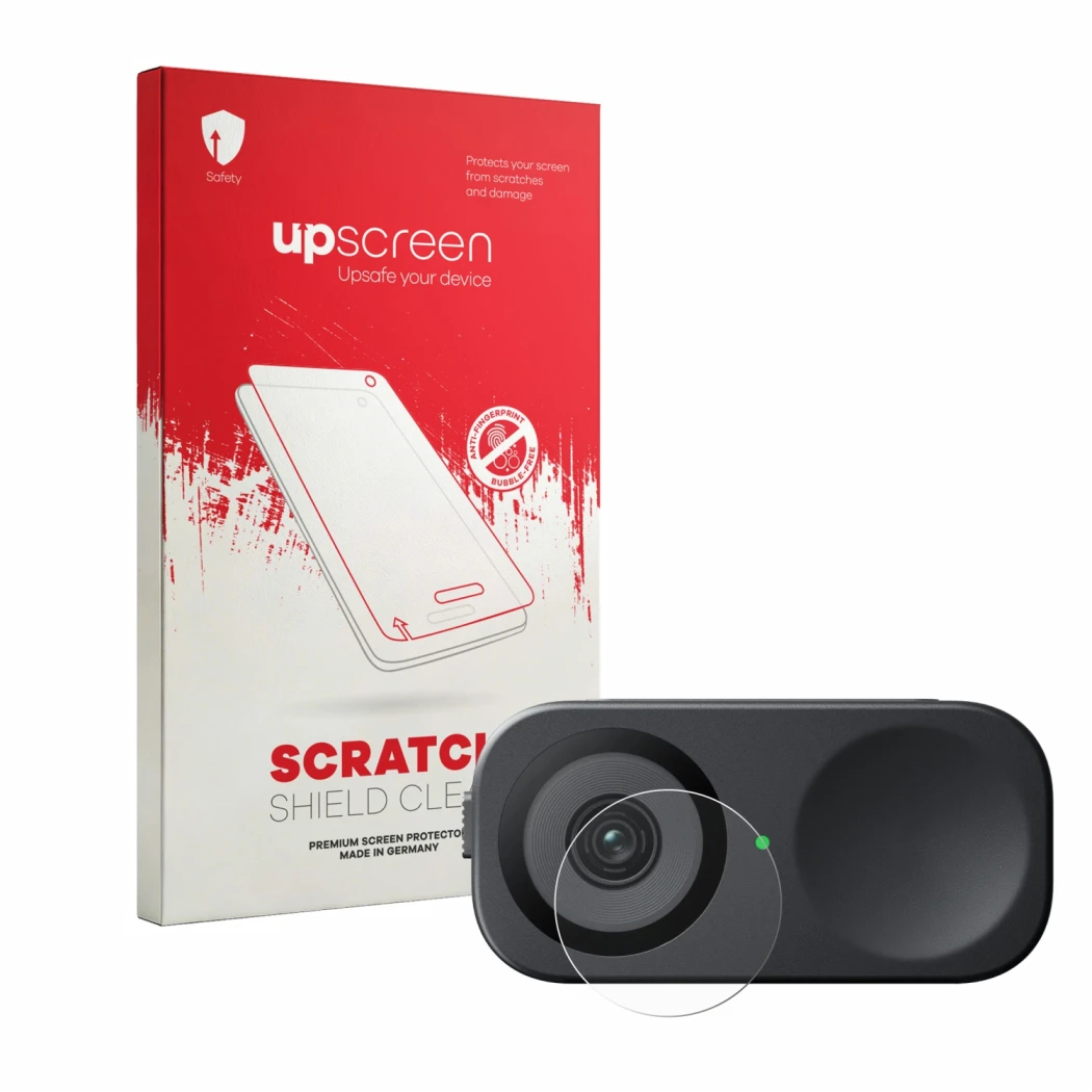 Face avant d’un emballage produit avec le logo de la marque upscreen. À côté, l’appareil Insta360 Link 2C (Lentille) est repré