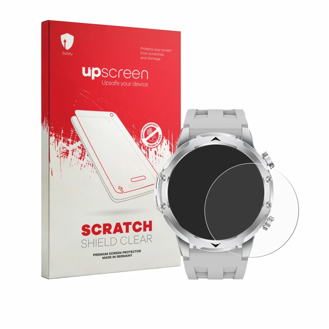 Face avant d’un emballage produit avec le logo de la marque upscreen. À côté, l’appareil FitVigor Smartwatch 1.53