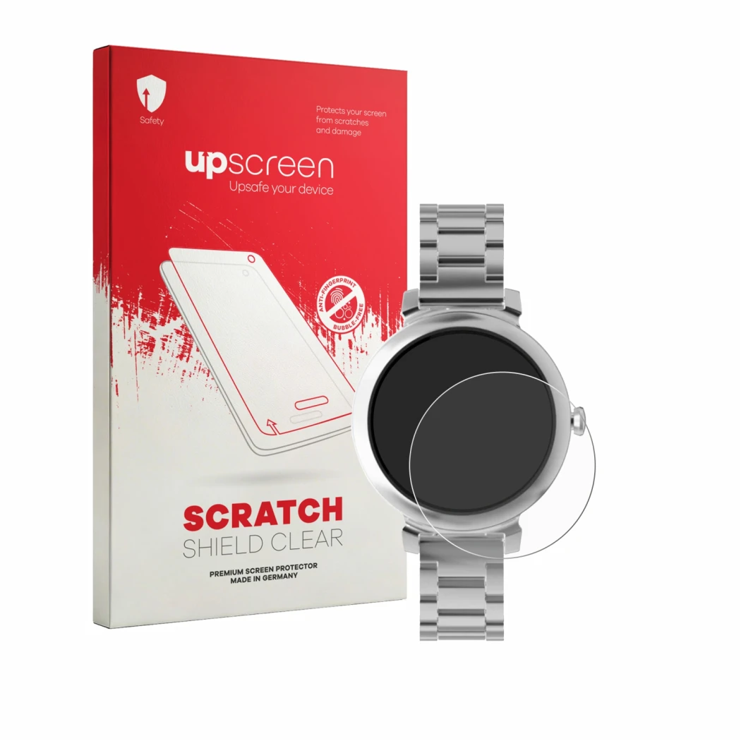 Face avant d’un emballage produit avec le logo de la marque upscreen. À côté, l’appareil ZenWatch Lily 1.1
