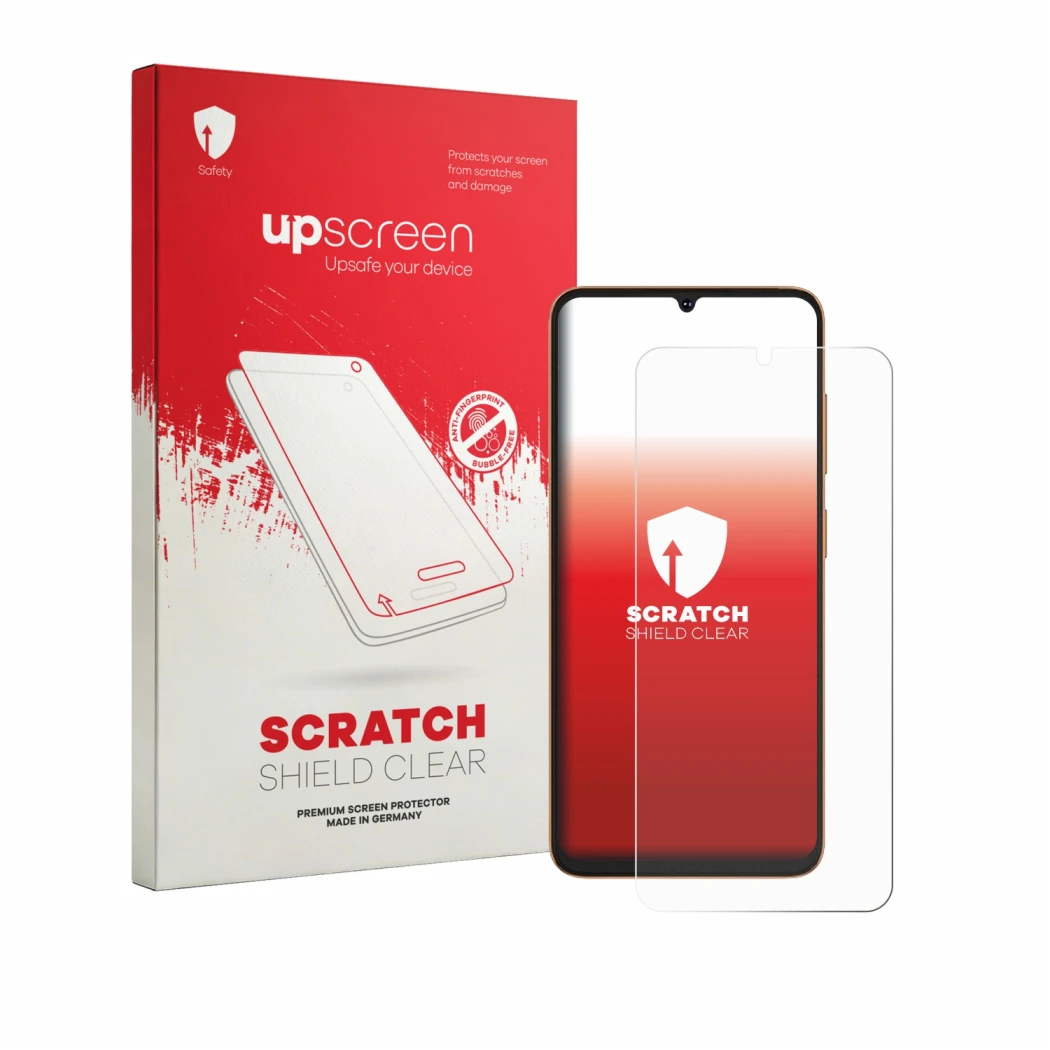 Face avant d’un emballage produit avec le logo de la marque upscreen. À côté, l’appareil Hotwav A26 Ultra est représenté avec 