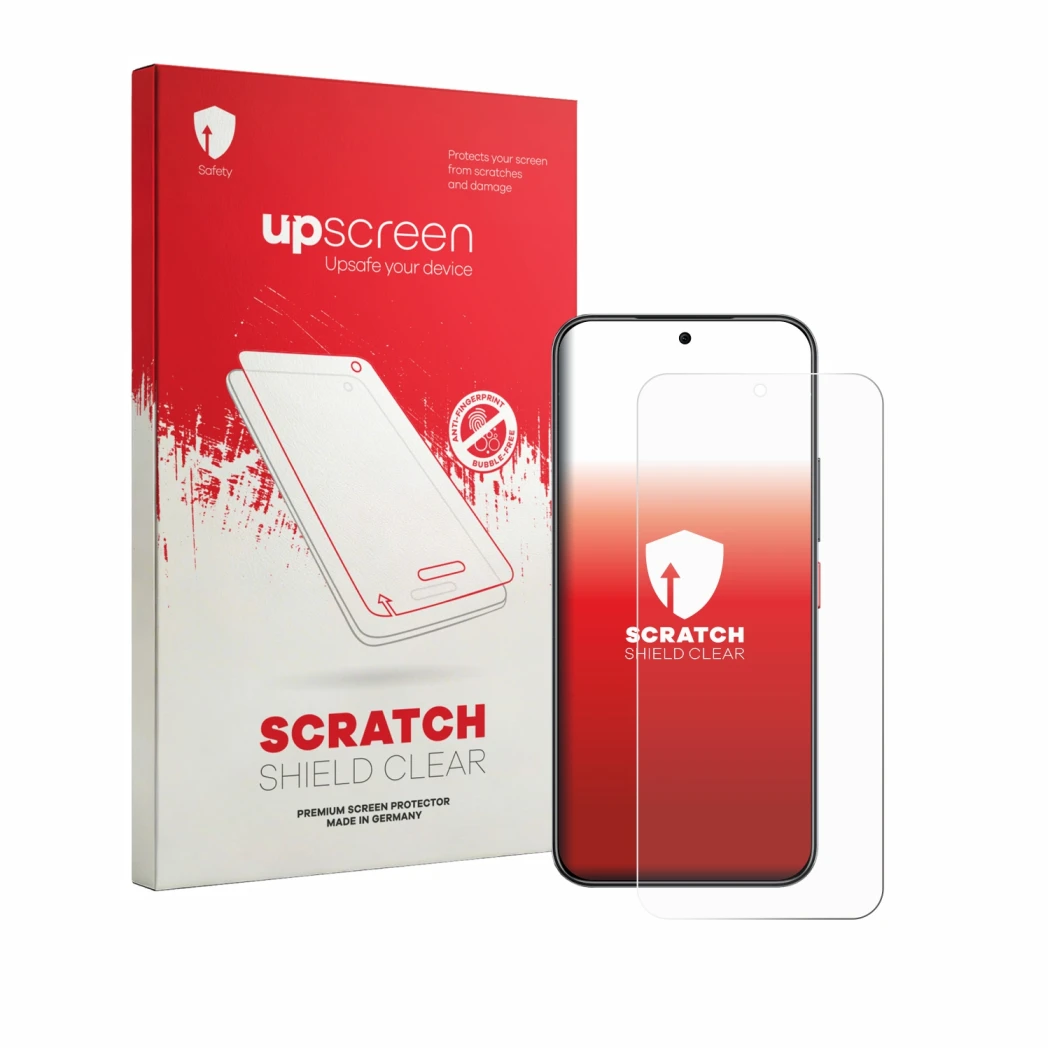Face avant d’un emballage produit avec le logo de la marque upscreen. À côté, l’appareil Nubia Air Pro est représenté avec la