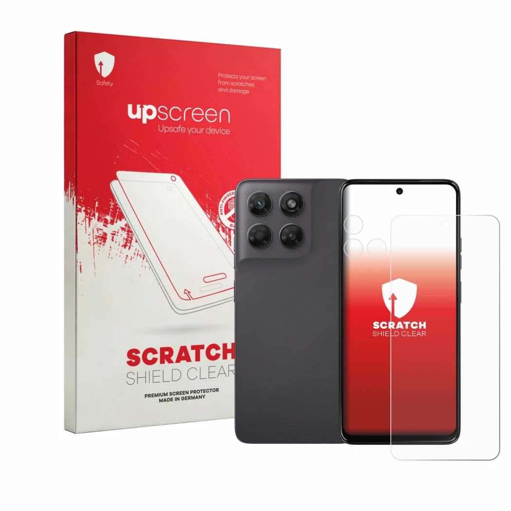 Face avant d’un emballage produit avec le logo de la marque upscreen. À côté, l’appareil Motorola Moto G47 (Avant+Caméra) est