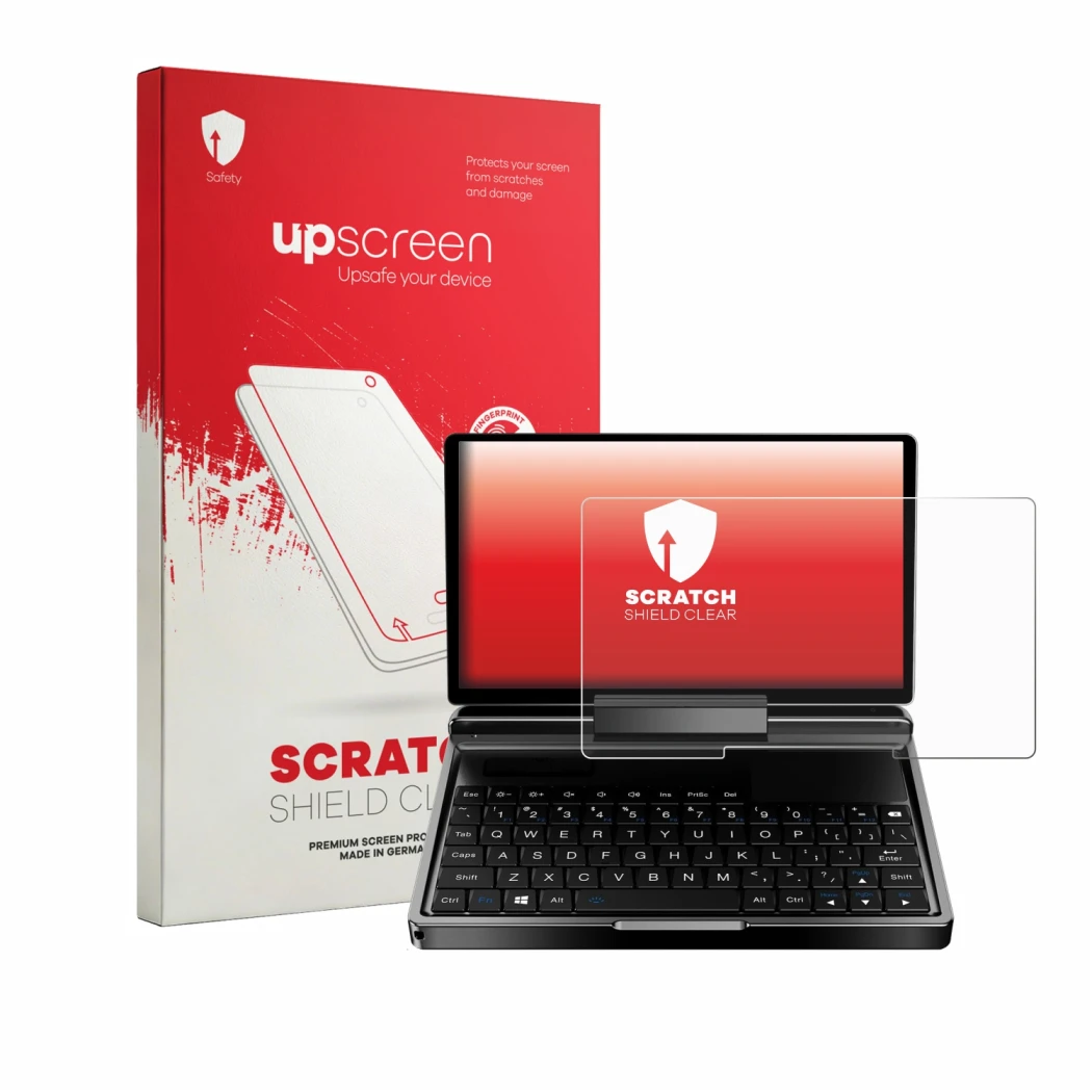 Face avant d’un emballage produit avec le logo de la marque upscreen. À côté, l’appareil GPD MicroPC 2 est représenté avec la 