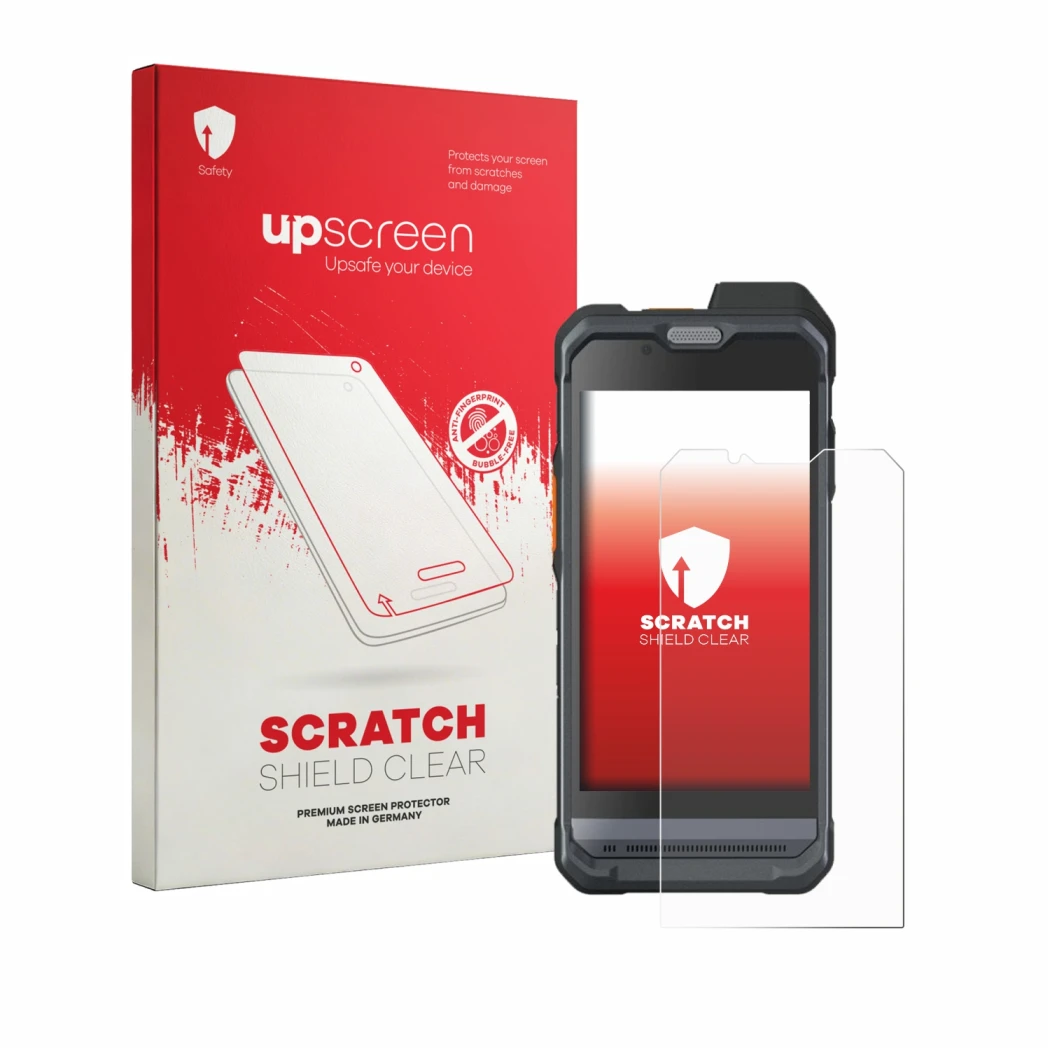 Face avant d’un emballage produit avec le logo de la marque upscreen. À côté, l’appareil Hytera PNC460 est représenté avec la