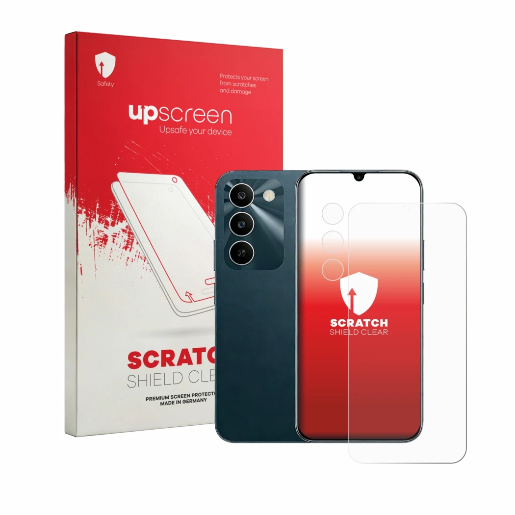 Face avant d’un emballage produit avec le logo de la marque upscreen. À côté, l’appareil realme C100 5G (Avant+Caméra) est rep