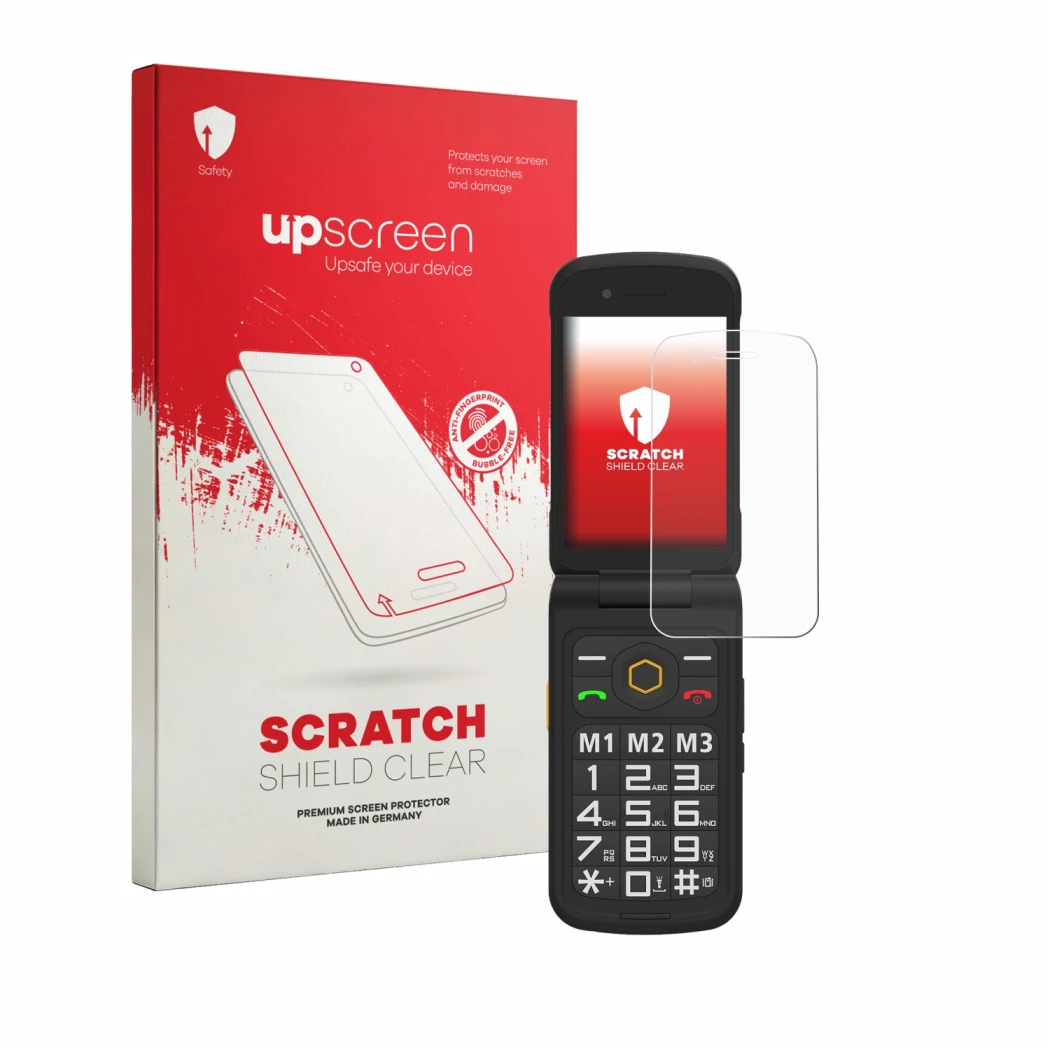 Face avant d’un emballage produit avec le logo de la marque upscreen. À côté, l’appareil AGM M8 FLIP est représenté avec la pr