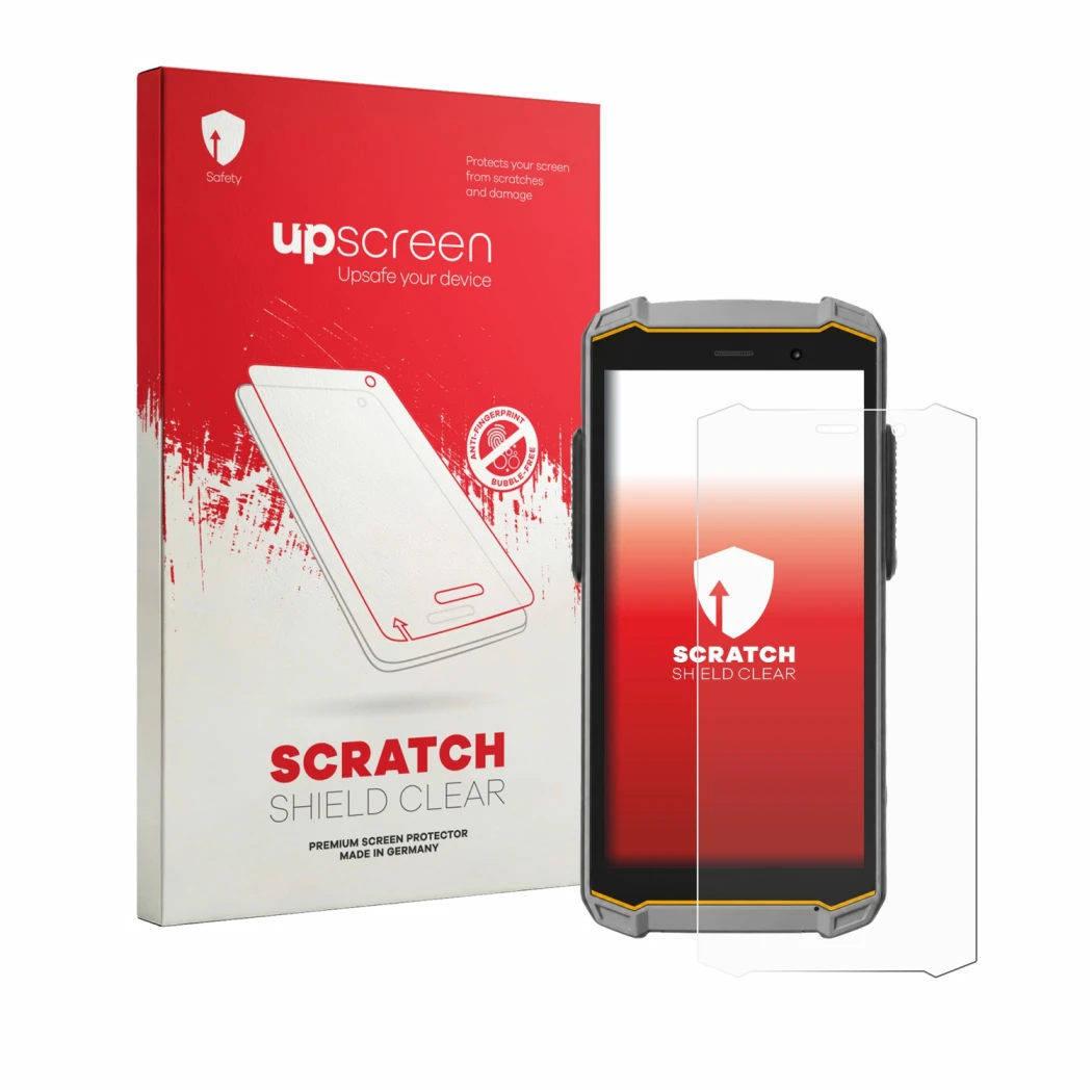 Face avant d’un emballage produit avec le logo de la marque upscreen. À côté, l’appareil i.safe MOBILE IS540.M1 est représenté