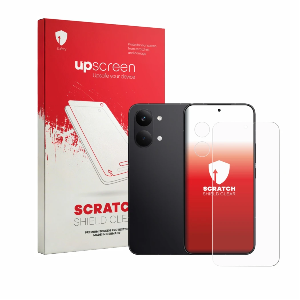 Face avant d’un emballage produit avec le logo de la marque upscreen. À côté, l’appareil Xiaomi Poco X8 Pro Max (Avant+Caméra)