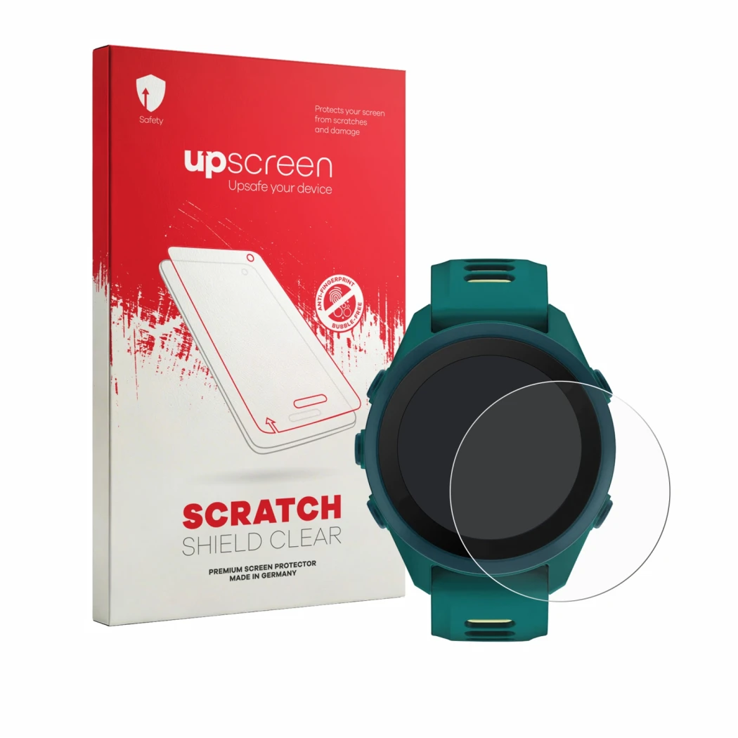 Face avant d’un emballage produit avec le logo de la marque upscreen. À côté, l’appareil Garmin Forerunner 170 Music est repré