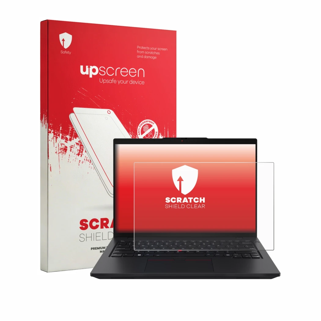 Face avant d’un emballage produit avec le logo de la marque upscreen. À côté, l’appareil Lenovo ThinkPad L14 Gen 7 est représe