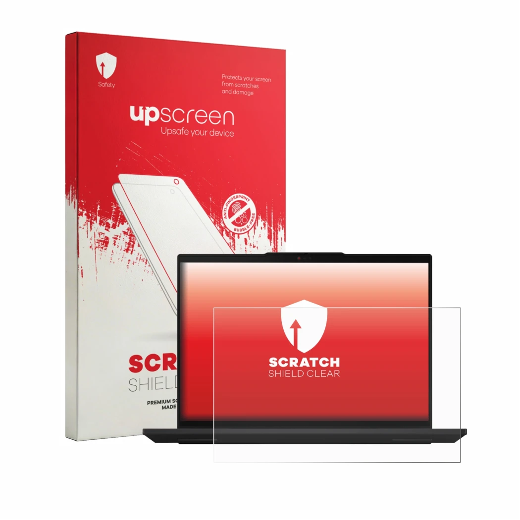 Face avant d’un emballage produit avec le logo de la marque upscreen. À côté, l’appareil Lenovo ThinkPad L16 Gen 3 est représe