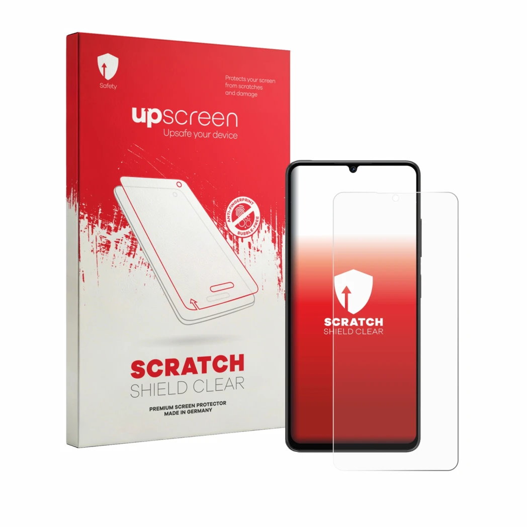 Face avant d’un emballage produit avec le logo de la marque upscreen. À côté, l’appareil Lava Shark 2 est représenté avec la p