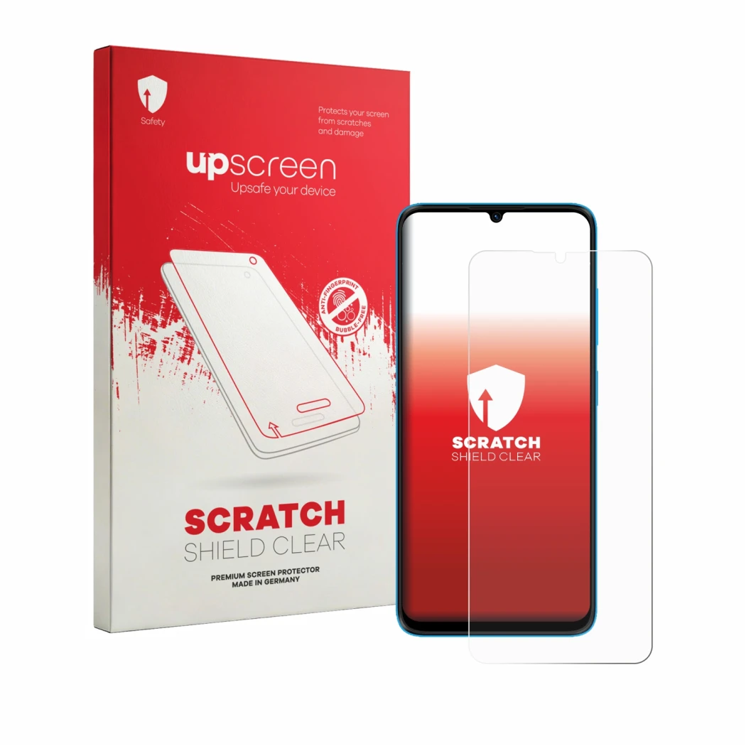 Face avant d’un emballage produit avec le logo de la marque upscreen. À côté, l’appareil HMD Vibe 2 5G est représenté avec la 