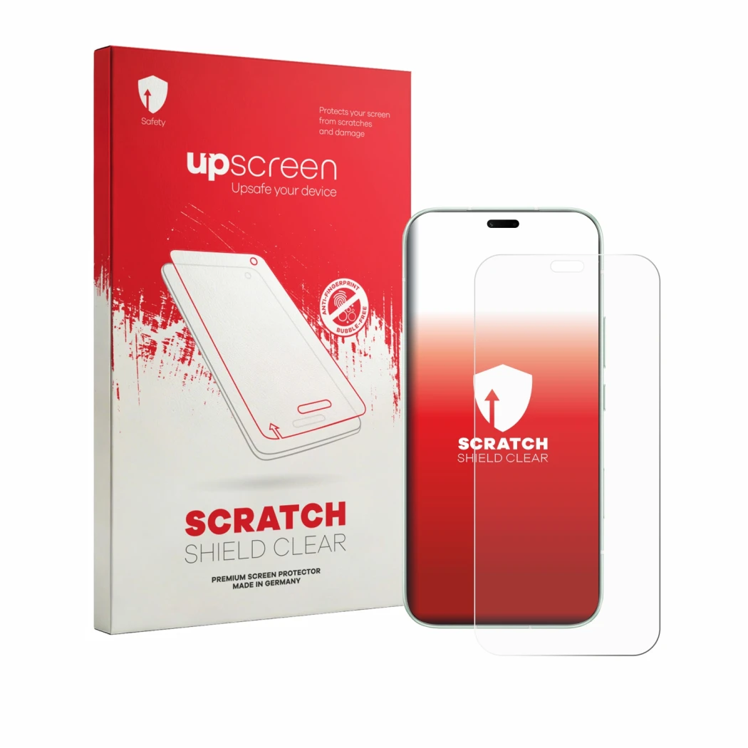 Face avant d’un emballage produit avec le logo de la marque upscreen. À côté, l’appareil Honor 600e est représenté avec la pro