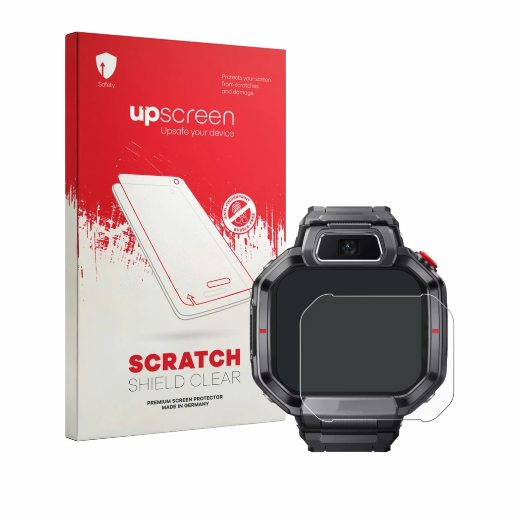Face avant d’un emballage produit avec le logo de la marque upscreen. À côté, l’appareil Huawei Watch Kids X1 Pro est représen