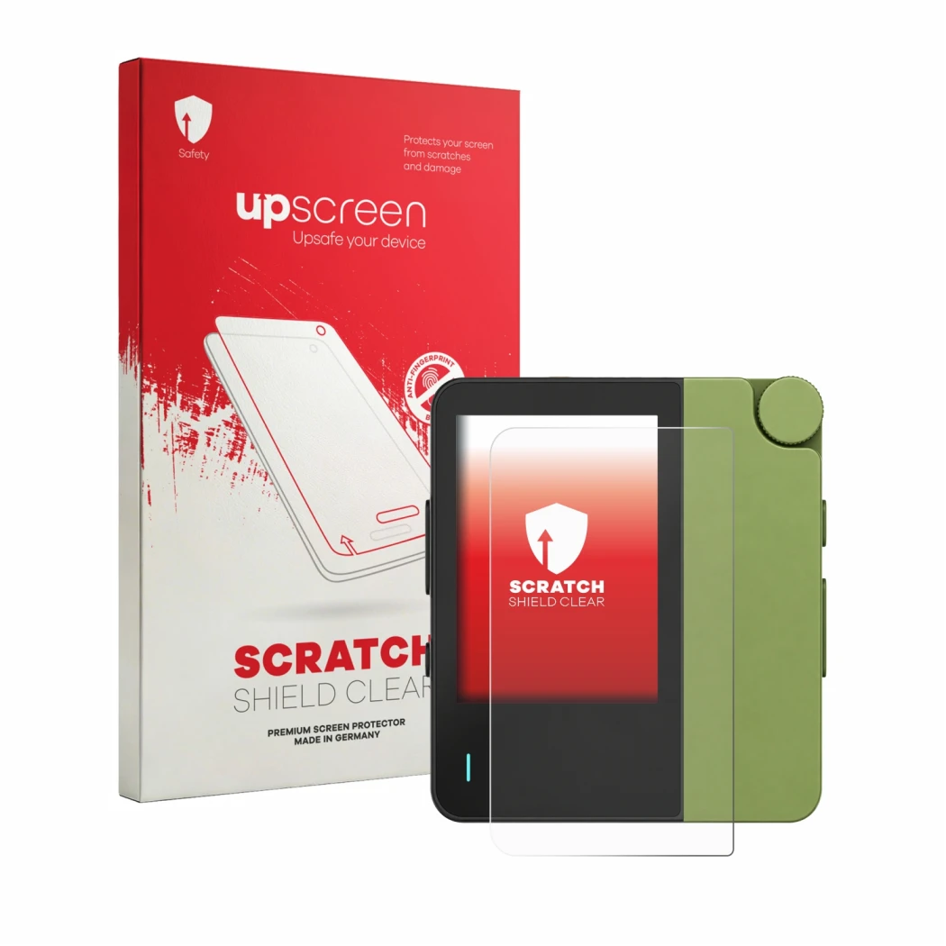 Face avant d’un emballage produit avec le logo de la marque upscreen. À côté, l’appareil Hiby W4 est représenté avec la protec
