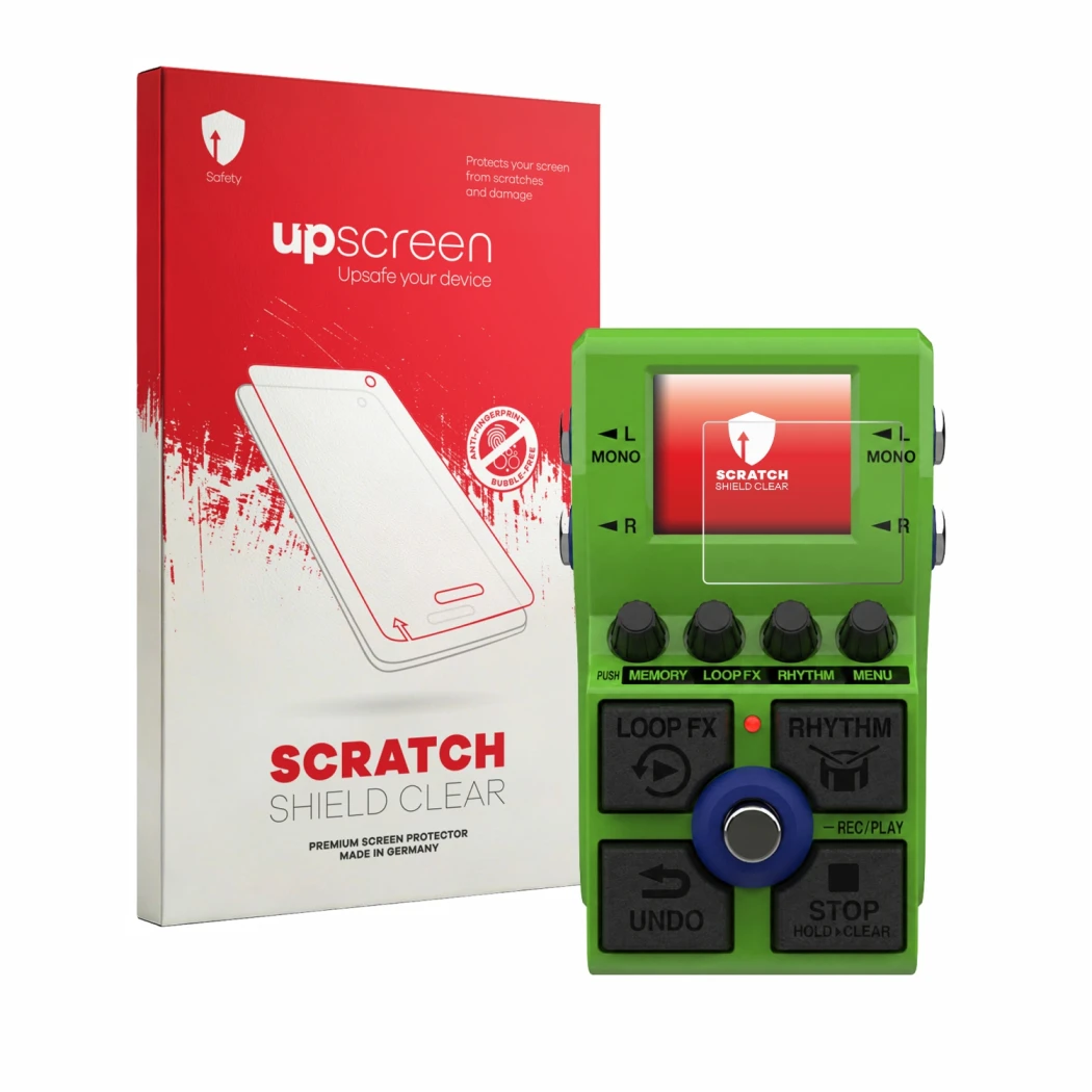 Face avant d’un emballage produit avec le logo de la marque upscreen. À côté, l’appareil Zoom MS-90LP Plus est représenté avec
