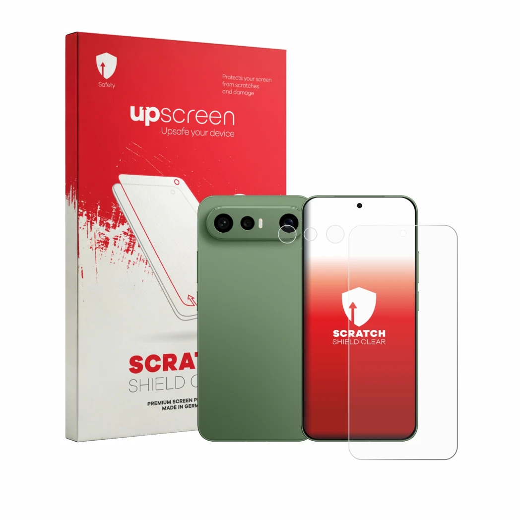 Face avant d’un emballage produit avec le logo de la marque upscreen. À côté, l’appareil Vivo X300 FE (Avant+Caméra) est repré