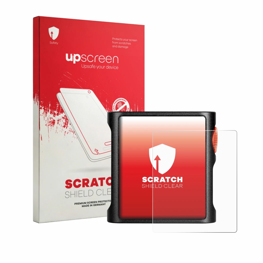 Face avant d’un emballage produit avec le logo de la marque upscreen. À côté, l’appareil Shanling M0 Pura est représenté avec 
