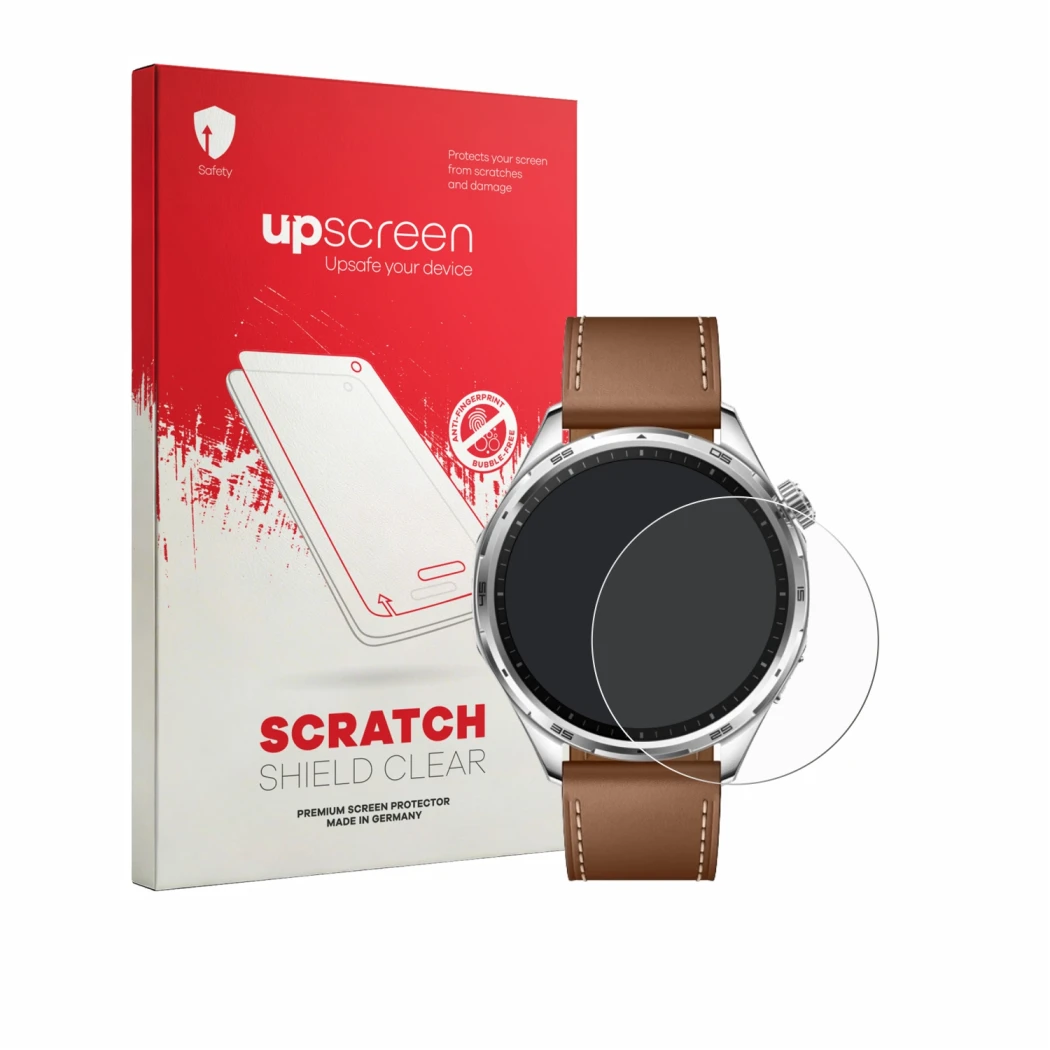 Face avant d’un emballage produit avec le logo de la marque upscreen. À côté, l’appareil Honor Watch 6 est représenté avec la 