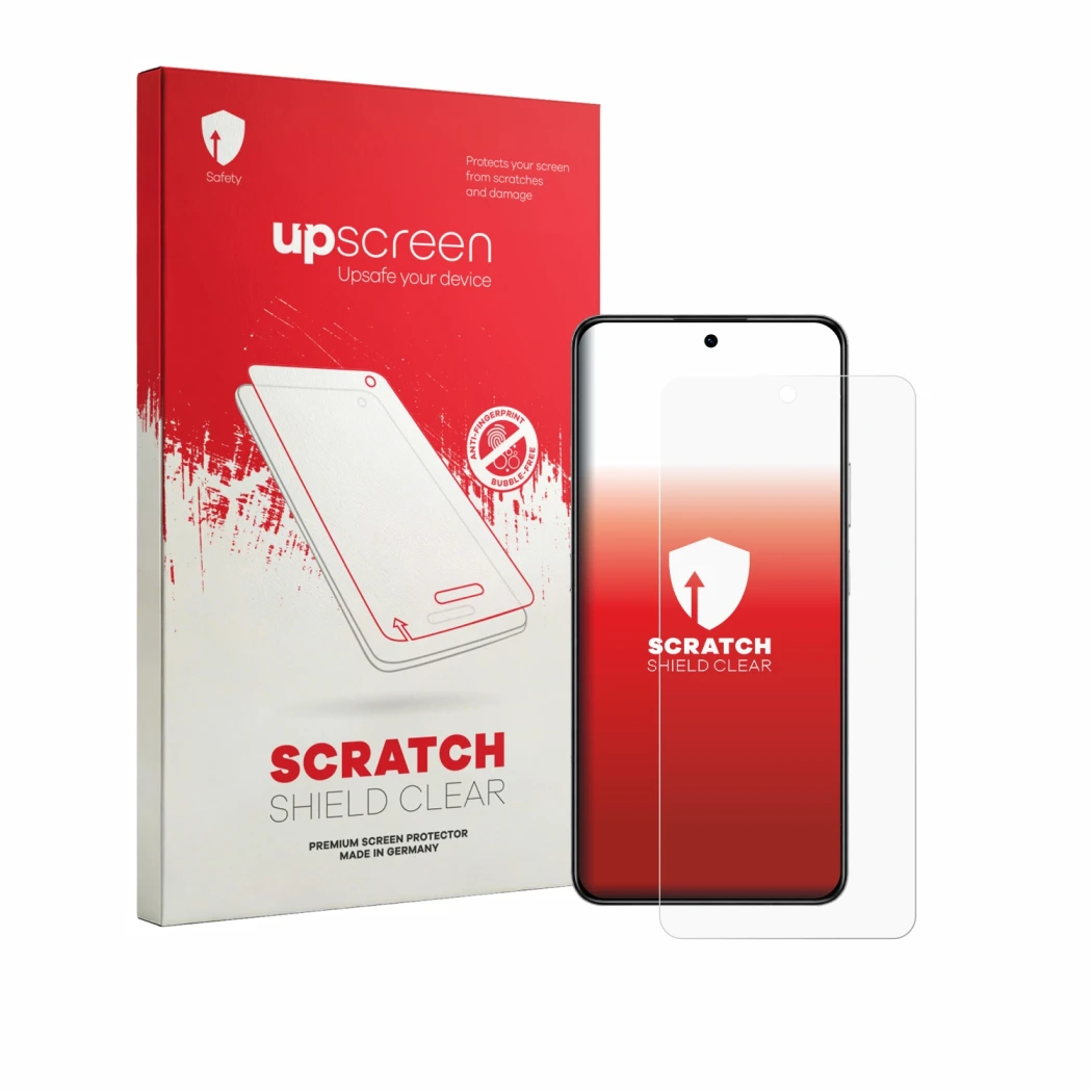 Face avant d’un emballage produit avec le logo de la marque upscreen. À côté, l’appareil Honor X8d est représenté avec la prot