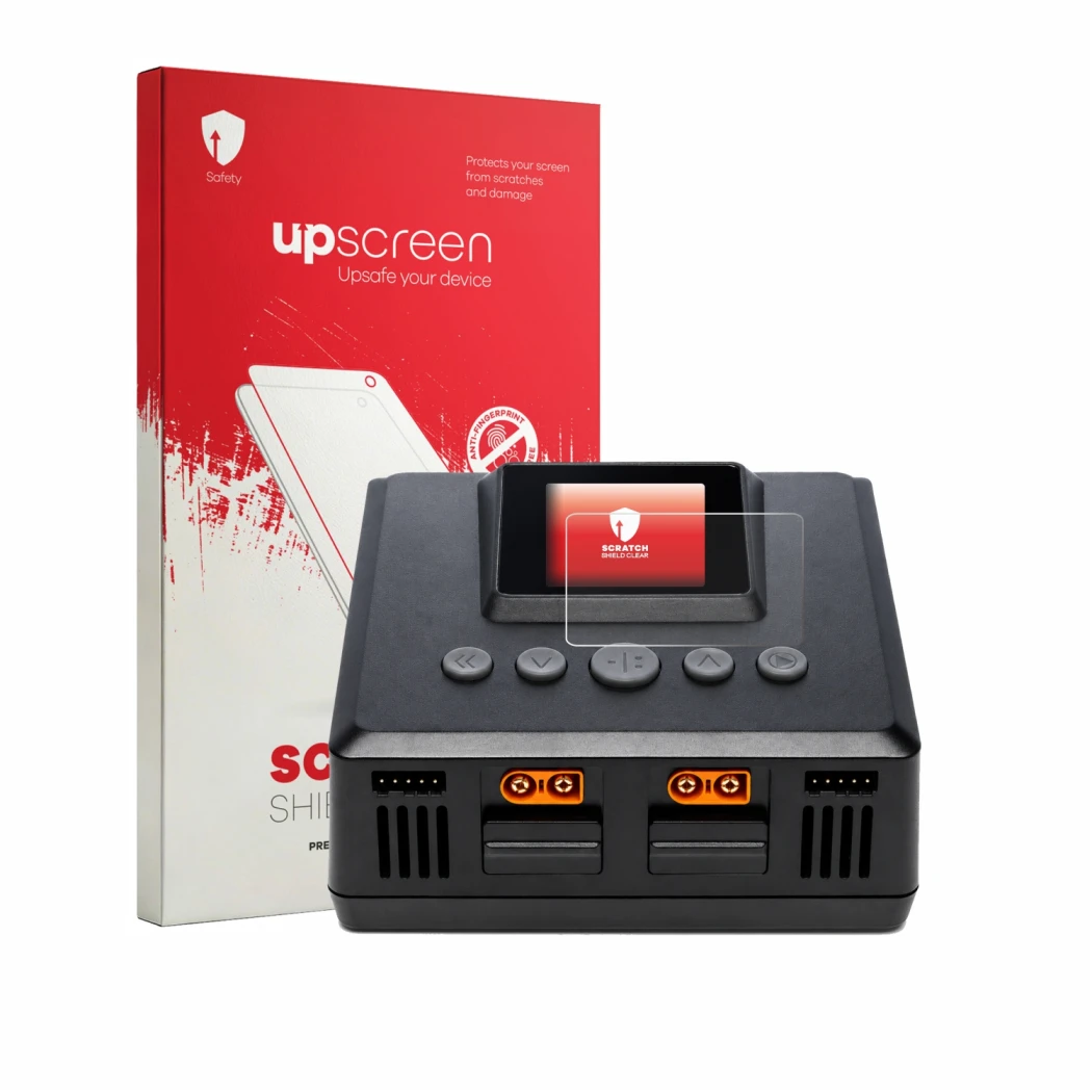 Face avant d’un emballage produit avec le logo de la marque upscreen. À côté, l’appareil Spektrum Smart Charger S250 est repré
