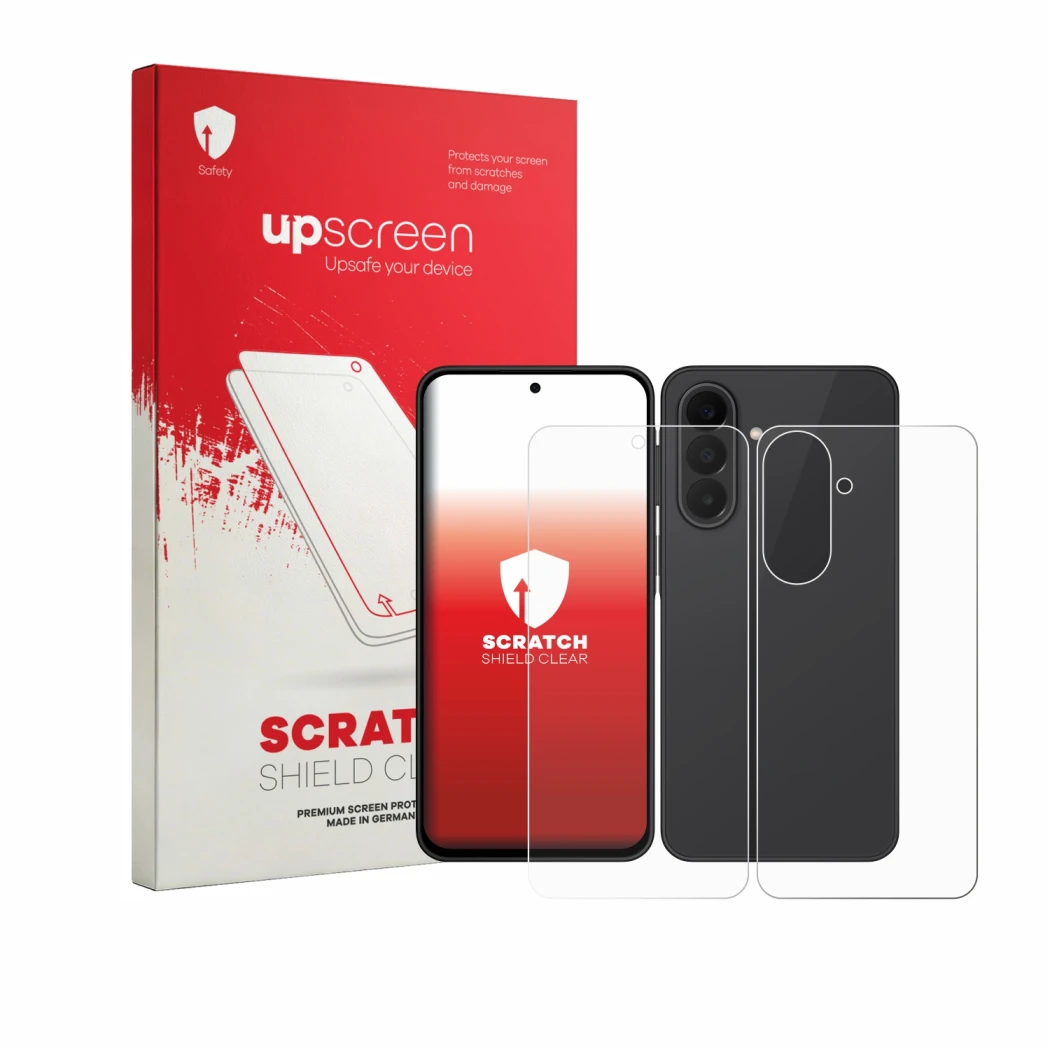 Face avant d’un emballage produit avec le logo de la marque upscreen. À côté, l’appareil Samsung Galaxy A27 5G (Avant+Arrière)