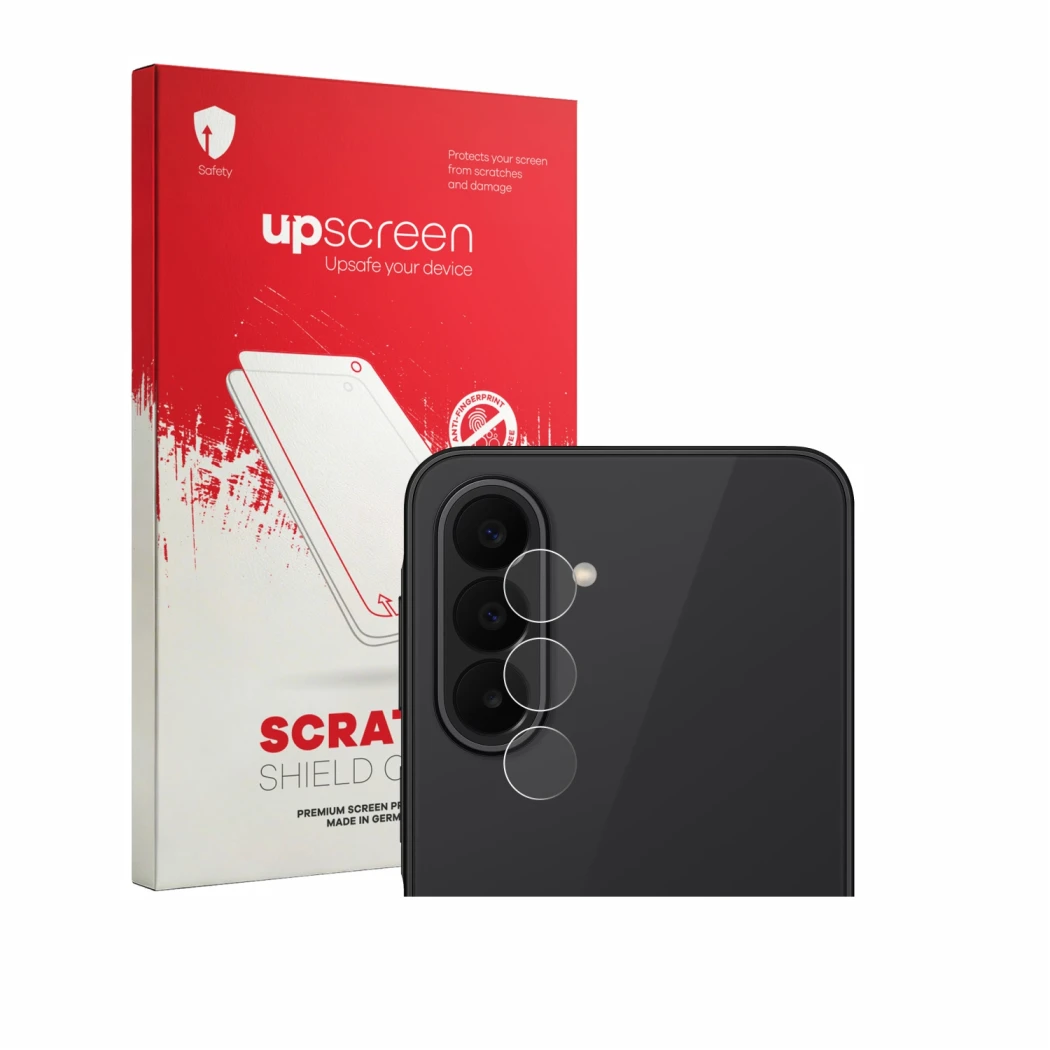 Face avant d’un emballage produit avec le logo de la marque upscreen. À côté, l’appareil Samsung Galaxy A27 5G (Caméra UNIQUEM