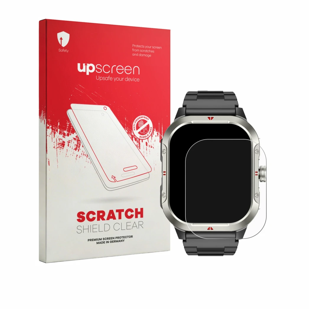 Face avant d’un emballage produit avec le logo de la marque upscreen. À côté, l’appareil Jugeman V10 2.06