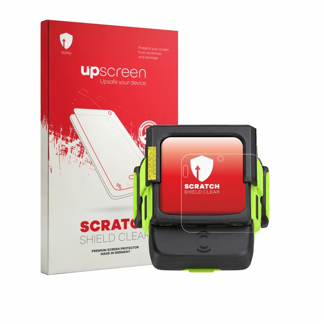 Face avant d’un emballage produit avec le logo de la marque upscreen. À côté, l’appareil Zebra WS501 est représenté avec la pr