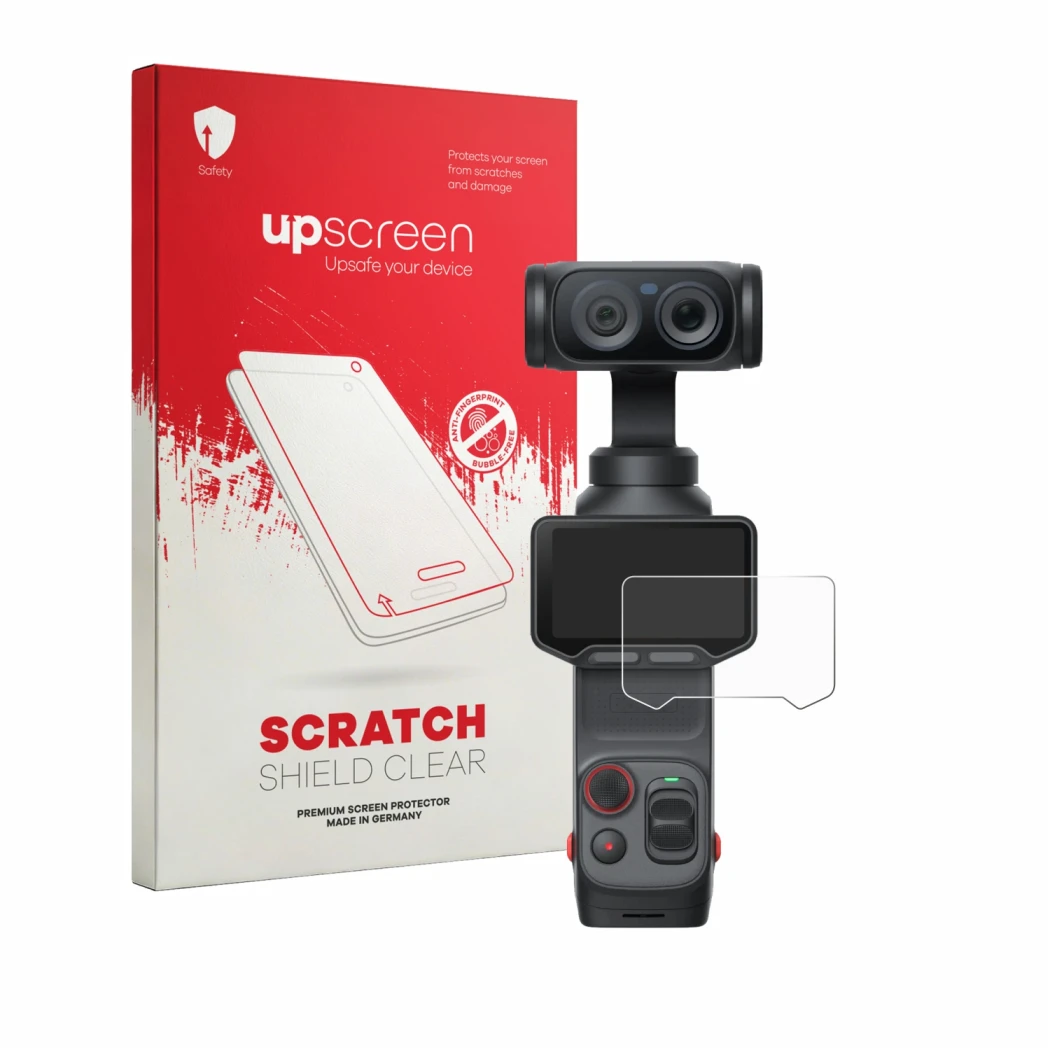 Face avant d’un emballage produit avec le logo de la marque upscreen. À côté, l’appareil Insta360 Luna Ultra est représenté av