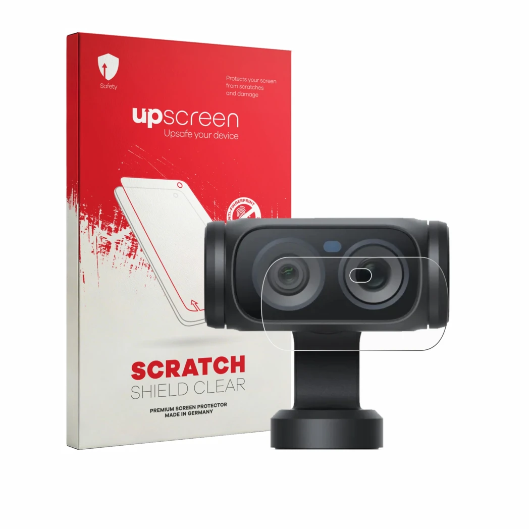 Face avant d’un emballage produit avec le logo de la marque upscreen. À côté, l’appareil Insta360 Luna Ultra (Lentille) est re