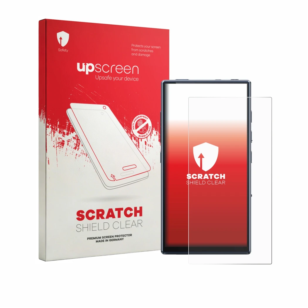 Face avant d’un emballage produit avec le logo de la marque upscreen. À côté, l’appareil FiiO M33 R2R est représenté avec la p