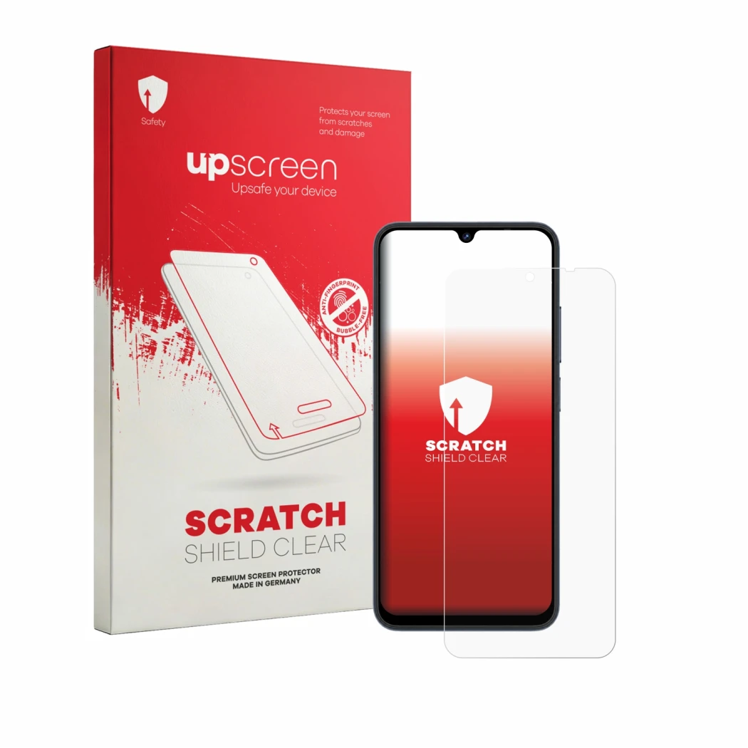 Face avant d’un emballage produit avec le logo de la marque upscreen. À côté, l’appareil Lagenio A12 Pro est représenté avec l