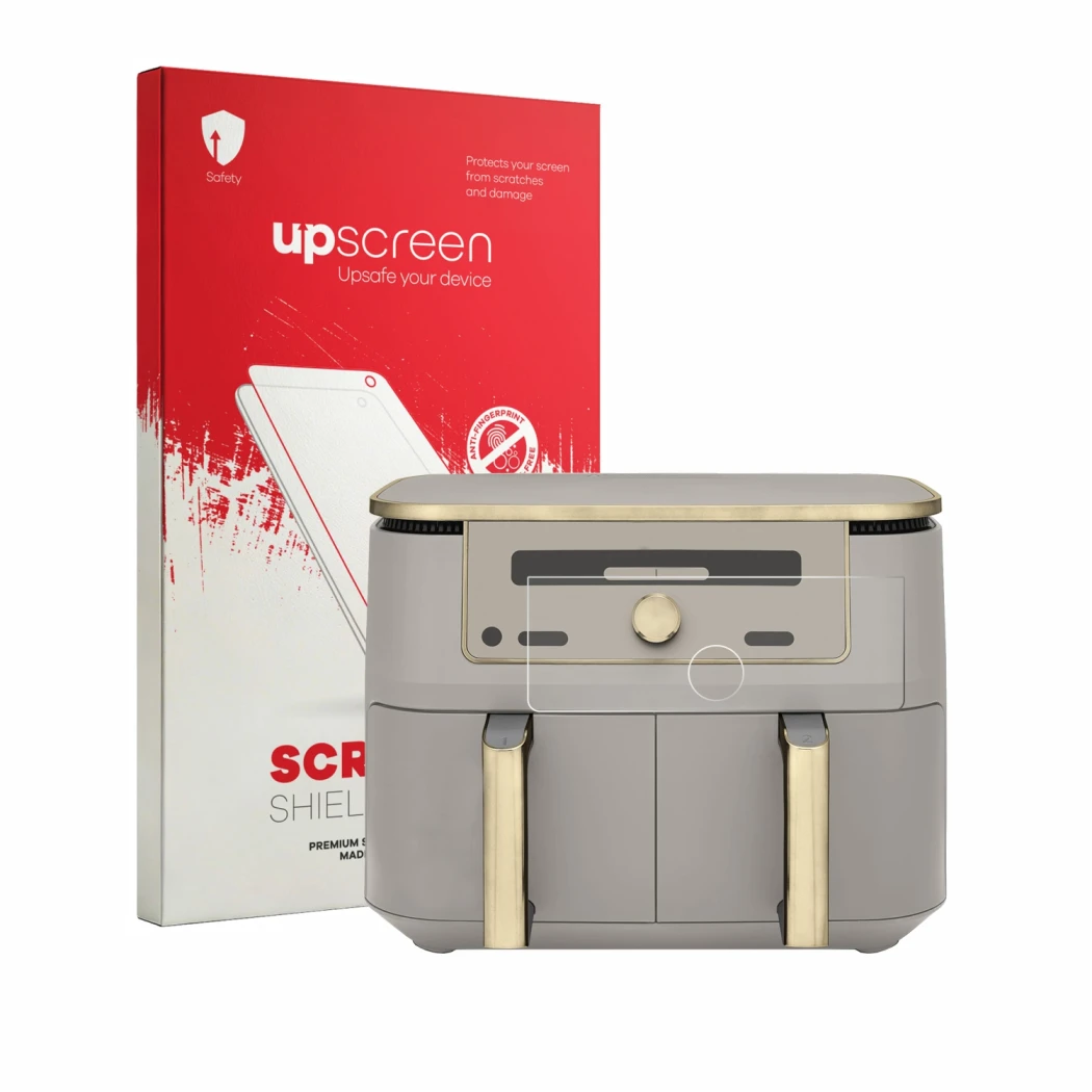 Face avant d’un emballage produit avec le logo de la marque upscreen. À côté, l’appareil Ninja Max 6-in-1 AirFryer DZ400EU est