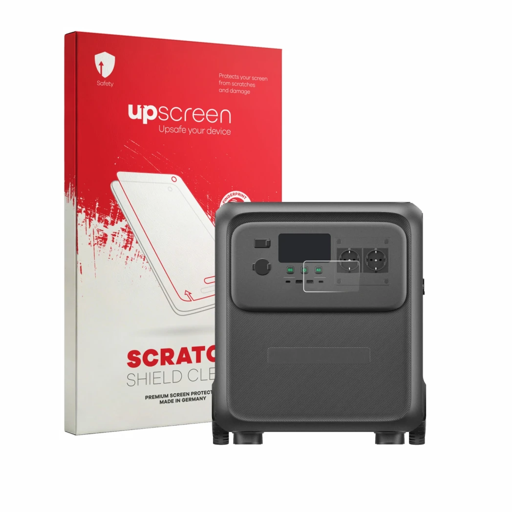 Face avant d’un emballage produit avec le logo de la marque upscreen. À côté, l’appareil Bluetti Elite 400 est représenté avec