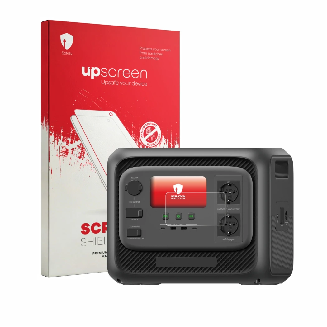 Face avant d’un emballage produit avec le logo de la marque upscreen. À côté, l’appareil Bluetti Elite 300 est représenté avec